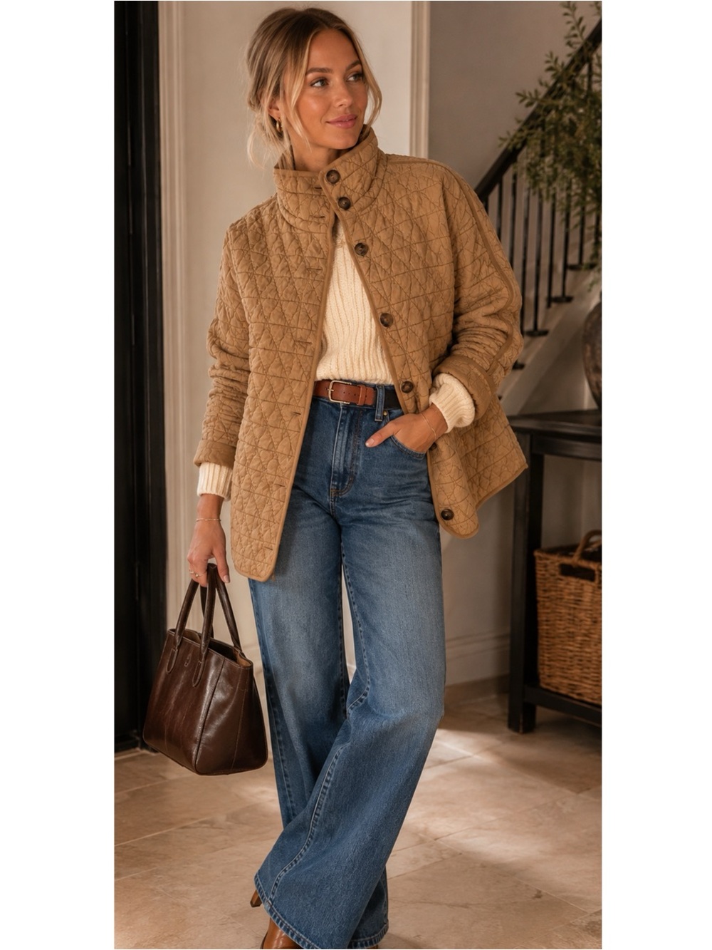 La Miel Quilted Button-Down Jacket-Oversized Shacket in Sand Castle Beige Small